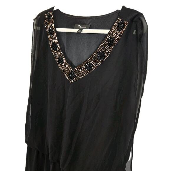 S.L. Fashions Dresses & Skirts - SL Fashions Black Mini Dress V Neck Copper Beads Sheer Flowy Lined GLAM SIZE 10